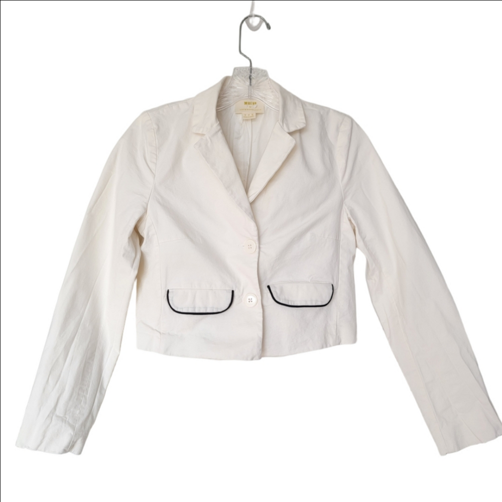 Anthropologie Maeve Cream Cropped Blazer with Black Trim Size 2